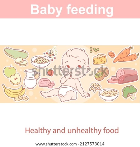 Baby feeding. Curious child in diaper looking up, choosing healthy and unhealthy products.  Icons of meat, fish, milk, sausage, fruits, vegetables isolated. Healthy eating. Color vector illustration.