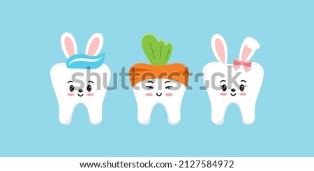 Easter teeth bunny rabbit and carrot dental icon set isolated. Dentist easter cute tooth kawaii character with bunny ears and tail and carrot top. Flat cartoon vector kids clip art illustration.