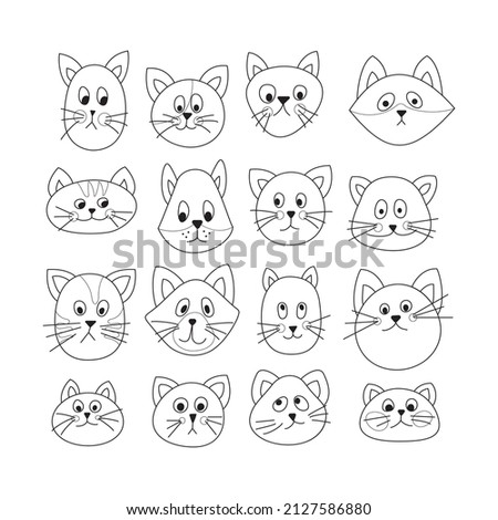 Set of 16 beautiful cats, on a white background. Cute cats. Coloring for children. All objects are separated. Vector illustration. Hand drawn. Vector illustration.