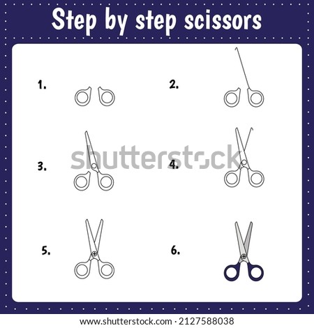 Drawing lesson for children. How draw a scissors. Drawing tutorial. Step by step repeats the picture. Kids activity art page for book. Vector illustration.