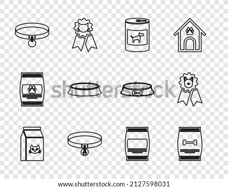 Set line Bag of food for cat, pet, Canned dog, Collar with name tag, Pet bowl, and Dog award symbol icon. Vector