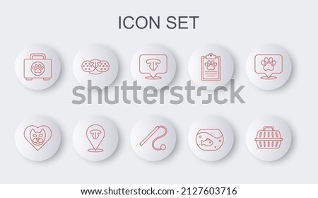 Set line Pet carry case, Heart with cat, Cat nose, Aquarium fish, first aid kit, and toy icon. Vector
