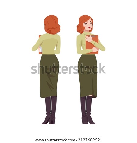 Red haired secretary woman, attractive redheaded business lady standing. Office work outfit, young elegant businesswoman. Vector flat style cartoon character isolated on white background, front, rear Royalty-Free Stock Photo #2127609521