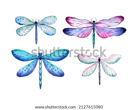 Watercolor set of dragonflies on a white background for logo design, social networks, promotion, marketing and gift packaging, postcards, templates, stickers, web design, event projects