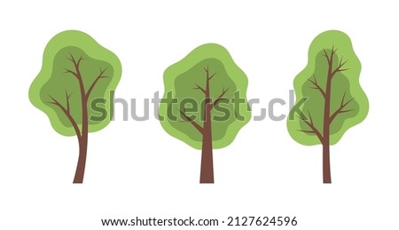 Set of trees with green foliage. Template element for design and decoration. Nature and forest. Flat vector illustration isolated on white background