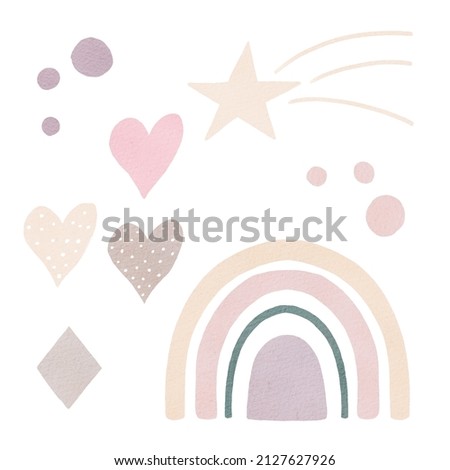 Neutral color rainbow watercolor clipart set with hearts, star and decorative elements. Illustration in trendy style.