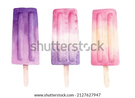 Summer popsicles flavored ice isolated on white background. Watercolor hand painted ice cream clipart.