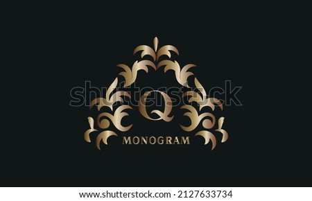 Bronze floral logo for letter Q on a dark background. Business sign, identity monogram for restaurant, boutique, hotel, heraldic, jewelry.