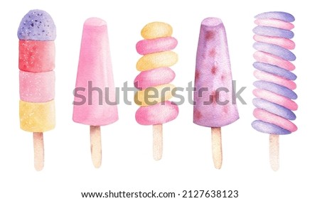 Watercolor ice cream popsicles lollipop stick. Summer clipart isolated on white background. Sweet fresh food elements.