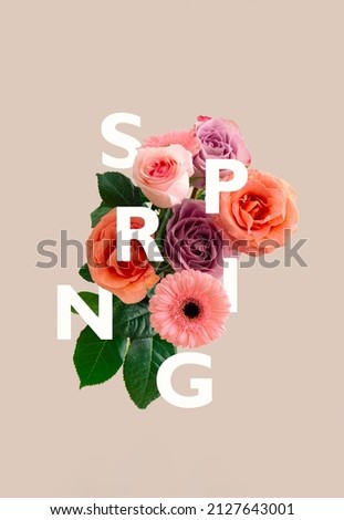 Beautiful design fashion trend made with combination of flowers and text on pastel beige background. Minimal bold spring letter creative layout. Floral typography of modern style.
