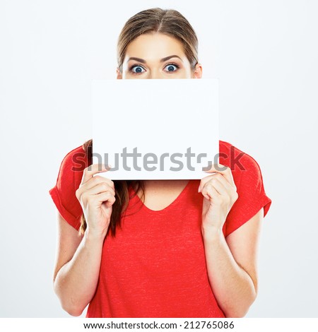 woman hold white banner isolated on white background . red dress .