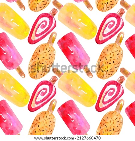 watercolor seamless pattern ice cream on white background, wrapping paper, textile, wallpaper 