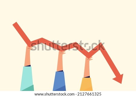 The concept of economic decline, profit and loss, business and finance. Crisis in the world economy. Decline and drop graph. Bankrupt concept. People trying to keep downward financial trend arrow. Royalty-Free Stock Photo #2127661325