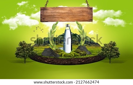 water bottle and wood signboard nature manipulation. Unmarked design.