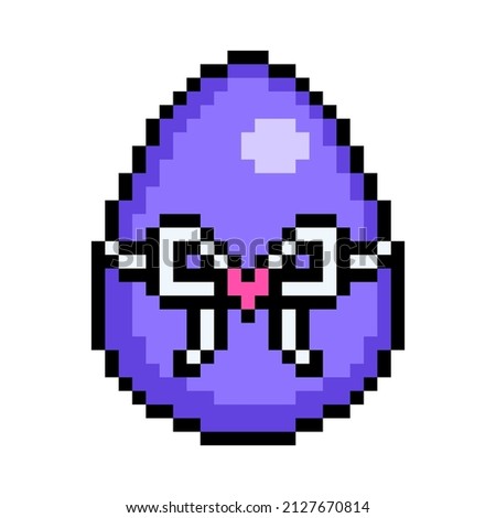 Easter egg painted purple decorated with white ribbon bow and heart sticker, 8 bit icon isolated on white background. Old school vintage retro 80s, 90s 2d video game, slot machine graphics.
