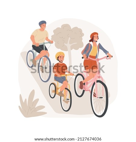 Family cycling isolated cartoon vector illustration Family travel, parent and kid on two bikes, active lifestyle, cycling in nature together, outdoor recreation, riding bicycle vector cartoon.