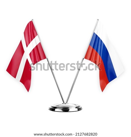 Two table flags isolated on white background 3d illustration, denmark and russia
