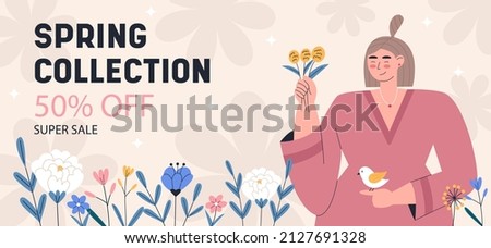 Spring sale banner or background decorated with beautiful woman and colorful blooming flowers. Flat vector illustration.