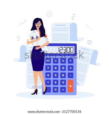 Woman accountant staying near a calculator, keeping documents, report and paycheck.  Royalty-Free Stock Photo #2127700136