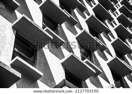 The exterior of a city building in Melbourne, Australia, with a stark brutalist profile. Royalty-Free Stock Photo #2127703190