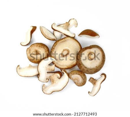 Shitake mushroom on white background full depth of field. Fresh Shiitake mushroom Cut into pieces isolated on white background. Royalty-Free Stock Photo #2127712493
