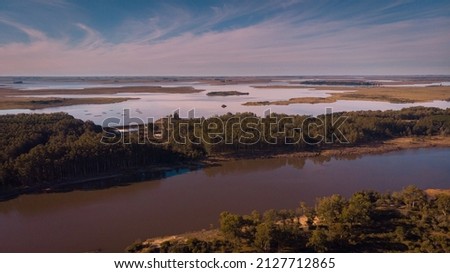 An aerial view of Represa Rincon de Baygorria bridge in Uruguay Royalty-Free Stock Photo #2127712865