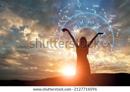 Zodiac signs inside of circle astrology and horoscopes concept Royalty-Free Stock Photo #2127716096