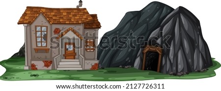 An abandoned house with a rock cave on white background illustration