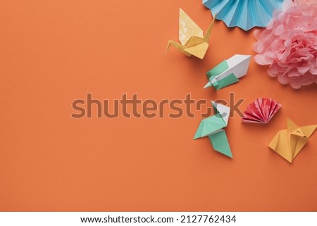 high angle view origami paper art craft orange surface