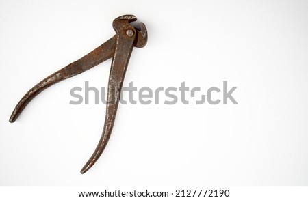 Old rusty metal tongs on white isolate.space for text.
