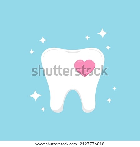 Tooth with heart and sparkle dental icon isolated on blue background. Clean strong healthy tooth with sparkles and love pink heart shape. Vector flat design human dentistry clip art illustration.
