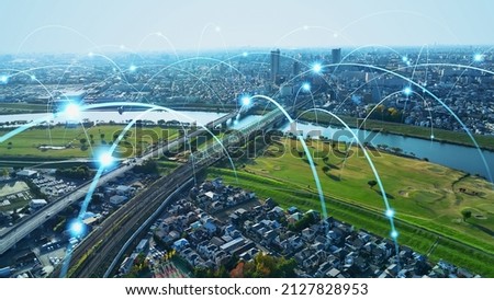 Modern city and wireless communication network concept. Smart city. 5G telecommunication. Royalty-Free Stock Photo #2127828953