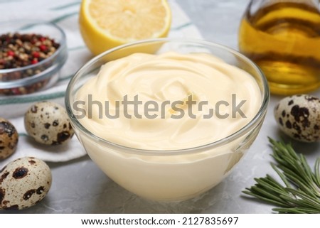 Delicious homemade mayonnaise, spices and ingredients on grey table, closeup