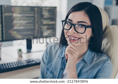 Portrait of attractive cheerful experienced girl tech expert banker agent broker web source editor at workplace workstation indoors