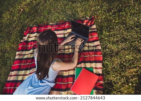 Rear back behind view portrait of attractive skilled girl lying on cover using laptop writing essay chatting on fresh air outdoors