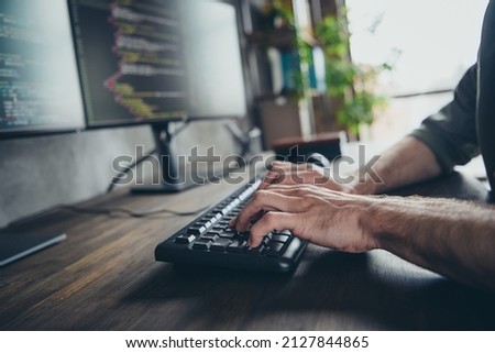 Cropped profile side photo of skilled web expert editor research cyberspace good quality security server sit desk in workspace Royalty-Free Stock Photo #2127844865