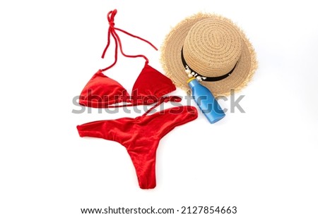 Beauty fashion set on the beach in Summer holiday on the beaches with a red bikini on white background