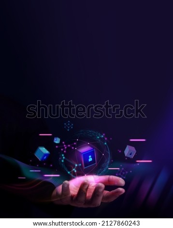Blockchain Technology Concepts. Hand Levitating a Digital and Futuristic Graphic to Connecting People and Global Business. Vertical Image