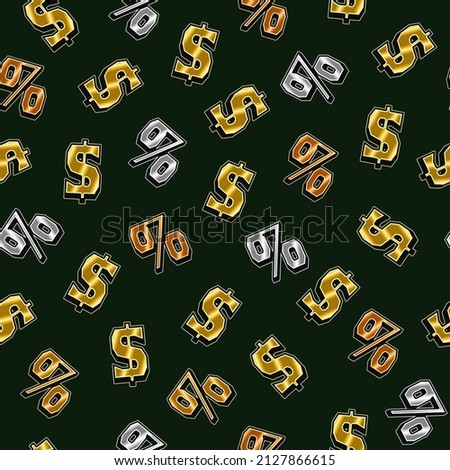Seamless pattern with gold, silver, bronze US dollar and percent symbols on dark green background. Vintage style.