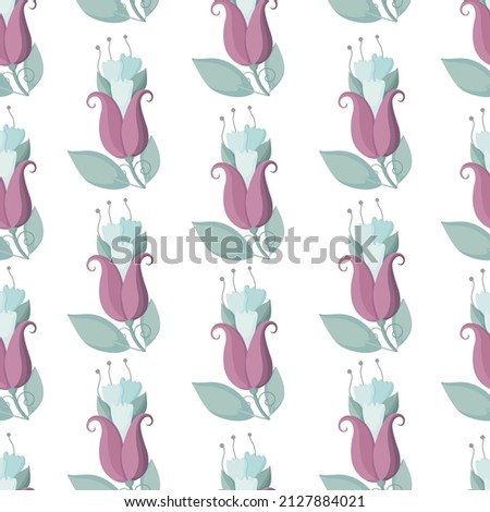 Floral ornament with green leaves and pink flowers on a white background. Seamless pattern for postcard, packaging, wrapping, scrapbooking, wallpaper, design, decoration. Vector illustration.