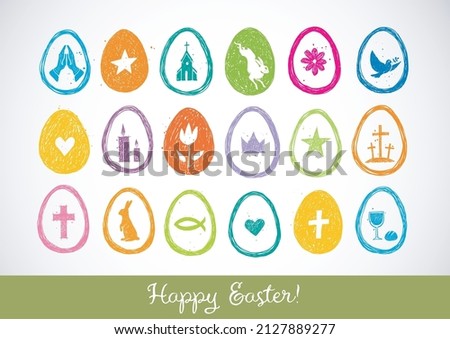 Collection of colored hand drawn easter doodles. Easter symbols in eggs on white background