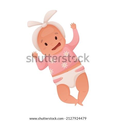 Vector illustration of a lying newborn in a diaper. Cute little baby girl smiling.