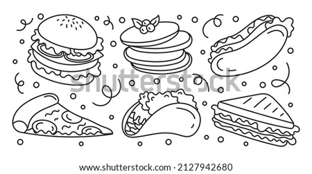 A set of fast food doodle elements.Junk food.Burger,hot dog,burrito,sandwich, pizza. Isolated on a white background.