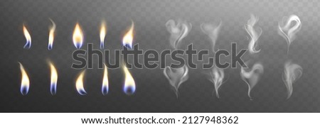 Candle flame lights and smoke steam with hart and swirl shaped collection on dark background. Set of burning fire flames. Vector realistic candlelight element design. Royalty-Free Stock Photo #2127948362