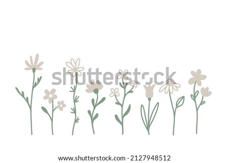 Floral doodle set: simple hand-drawn wild flowers isolated on a white background. Wedding invitation and summer postcard decorative clip art. Romantic meadow blossom.