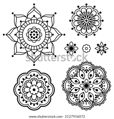 Scandinavian mandala and flowers outline vector graphic design set, retro floral decorations inspired by lace and embroidery patterns in black and white. Traditional Nordic ornaments 