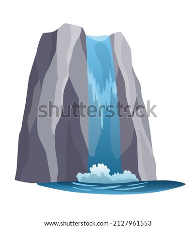 Waterfall. Cartoon landscape with rock mountain. River fall from cliff on white background. Picturesque tourist attraction with clear water