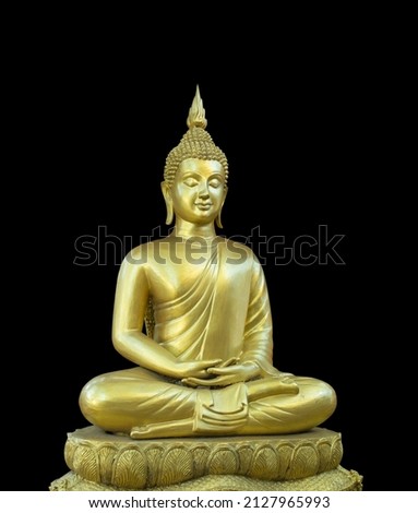 Golden seated Buddha image isolated on Black background. Royalty-Free Stock Photo #2127965993