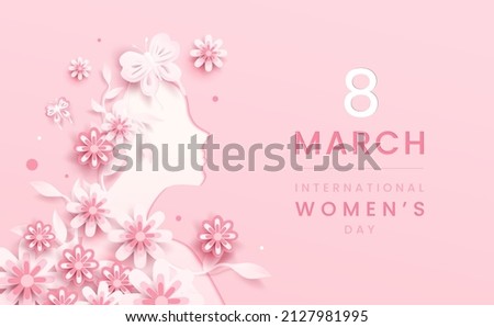 8 march background. International women's day floral decorations in paper art style with frame of flowers and leaves. Greeting card on pastel pink tone. Vector illustration Royalty-Free Stock Photo #2127981995