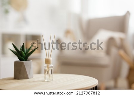 close up of reed diffuser and house plant aloe vera on wooden table in bright living room with scandinavian interior Royalty-Free Stock Photo #2127987812